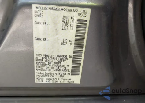 2015 Nissan Altima 2.5 S z USA, uszkodzony, nr VIN 1N4AL3AP5FC495608